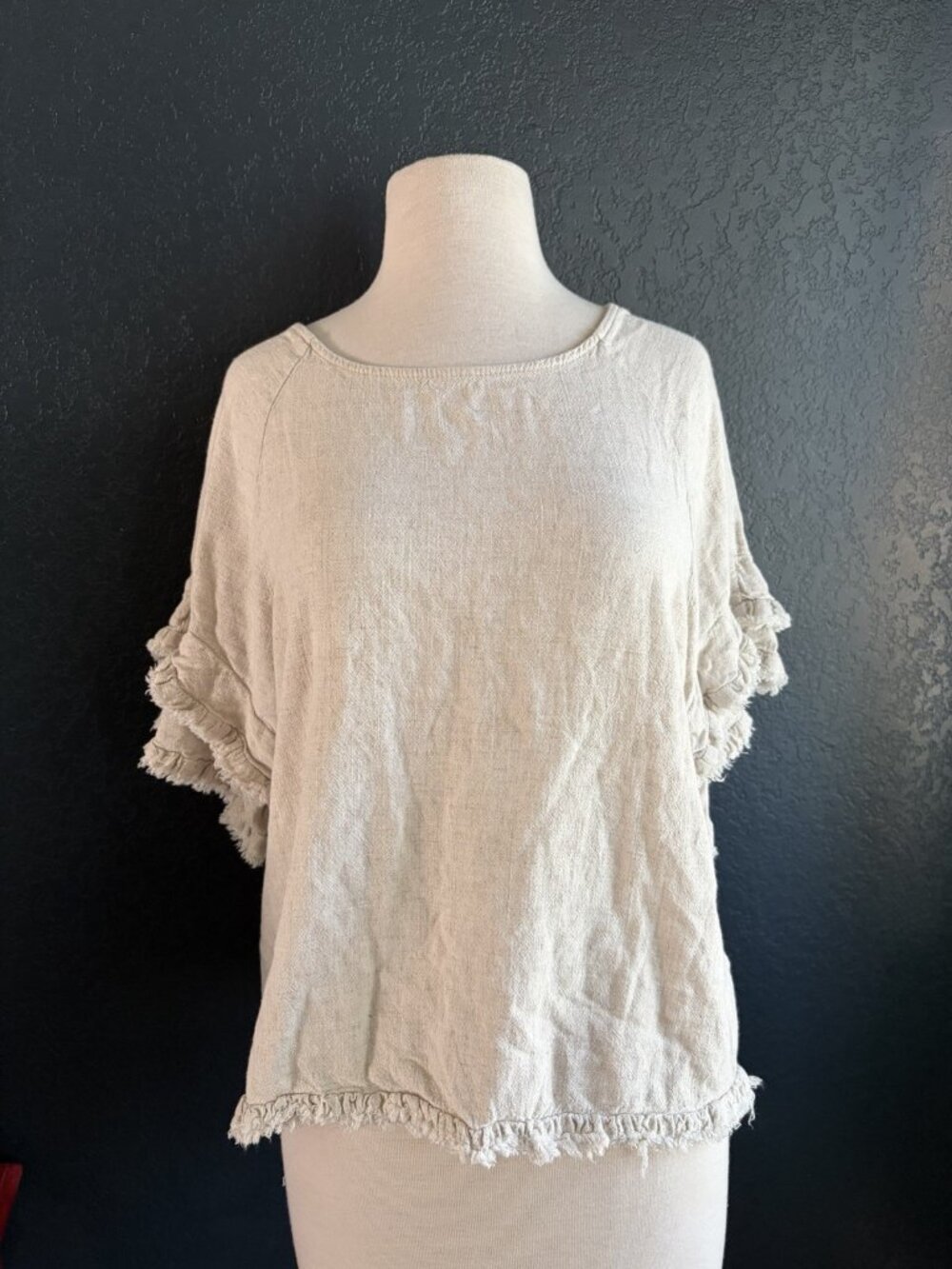 Umgee Beige Linen Cotton Ruffle Sleeve Top Sz S Lagenlook coastal boho